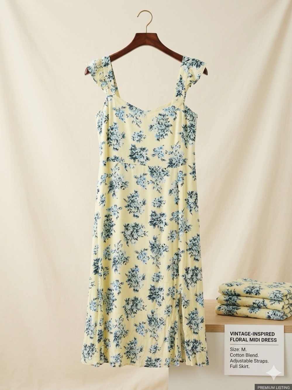 LOFT Yellow Midi Dress with Blue Floral Print